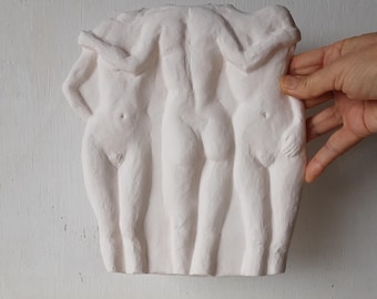 Three Graces Ceramic Wall Sculpture, Antique White Matte Relief Art