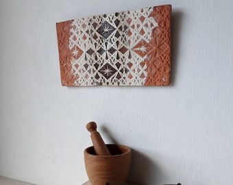 Rectangular terracotta plaque with embossed crystal pattern, Moroccan style small wall sculpture, orange wall decor