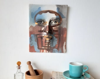 Blue and brown ceramic art face with old key design, art lover gift, female head decor
