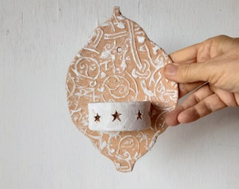 Moroccan style ceramic wall sconce, small tea light, embossed with medieval foliage pattern