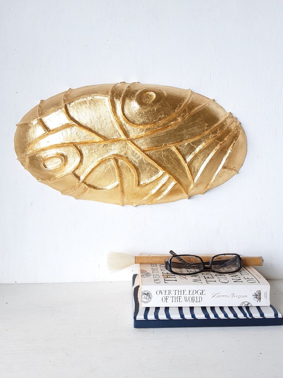 Gold Wall Sculpture Carved Oval Wall Decor Modernist Ceramic Etsy