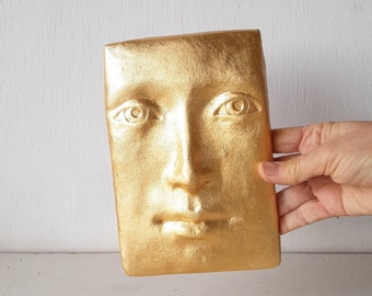 Gold tile face sculpture, ceramic wall art, Buddha face gold wall decor, Buddhist style art lover gift