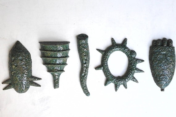 Teal green wall sculpture, set of five organic shape art works, Australian art, scientific decor, green gift for him