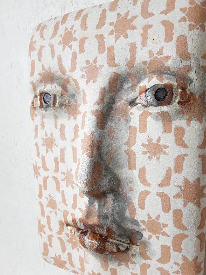 Terracotta Wall Mask, Modern Ceramic Art Tile Face, Low Relief 3D ...