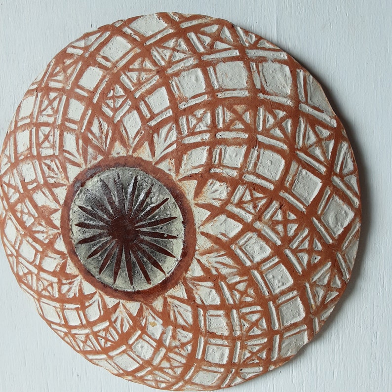 Pair of white and terracotta ceramic wall plaques with geometric swirling pattern, housewarming gift image 4