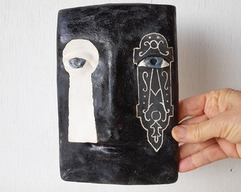 Black and white plaque wall sculpture with keyhole features, ceramic art tile, Parisian style art lover gift, Modernist wall art