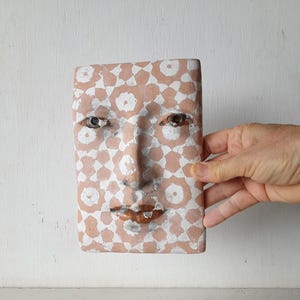 Terracotta ceramic wall sculpture, handmade boho style wall mask