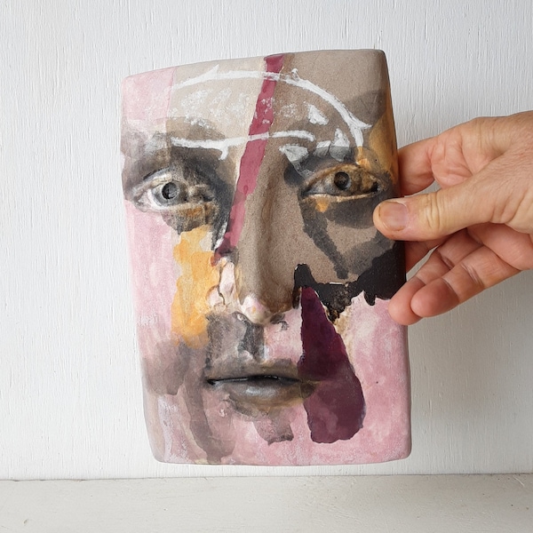 Pink and beige gray abstract tile face sculpture, colorful pottery wall decor for female birthday gift
