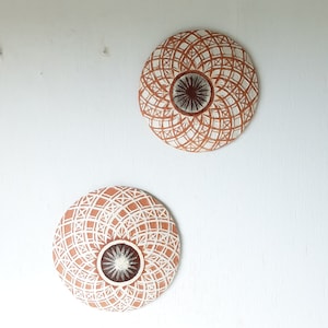 Pair of white and terracotta ceramic wall plaques with geometric swirling pattern, housewarming gift image 1