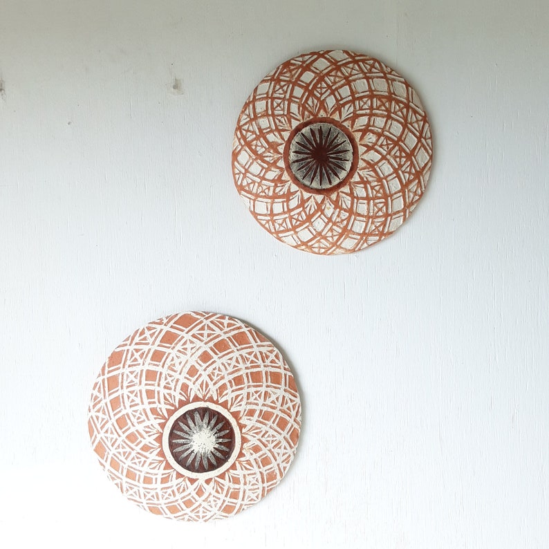 Pair of white and terracotta ceramic wall plaques with geometric swirling pattern, housewarming gift image 1