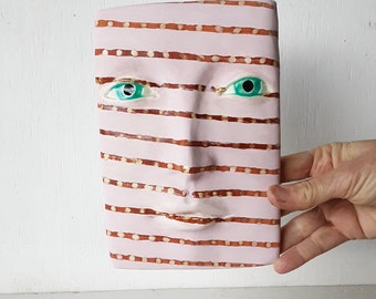 Pink and orange striped tile face mask, ceramic wall sculpture art face, boho birthday art gift