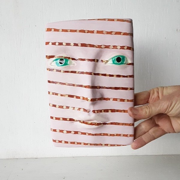 Pink and orange striped tile face mask, ceramic wall sculpture art face, boho birthday art gift