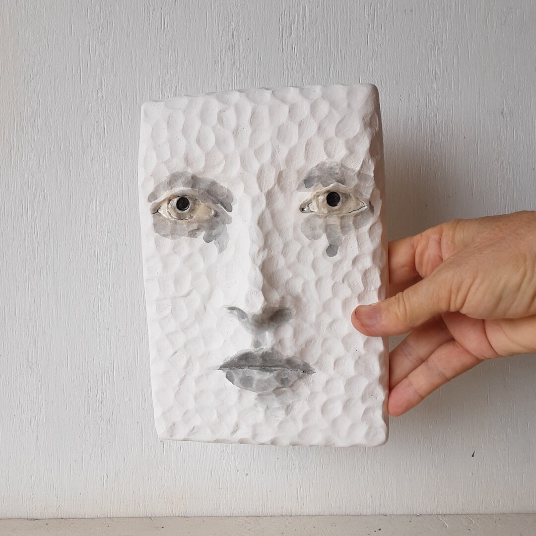 Black and White Sculptural Wall Art Face, Textured 3D Female With Hand