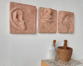 White-washed terracotta wall art, ceramic faces set of three, classic sculpture with contemporary minimalist feel, housewarming gift