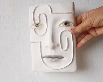 Wall art ceramic face, white abstract head, handmade tile in bas relief, Nordic minimalist Scandi style home decor gift for girlfriend