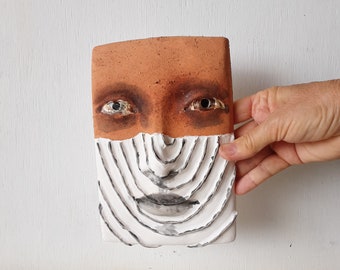 Pottery wall art sculpture head, modern art tile face, rustic ceramic wall mask