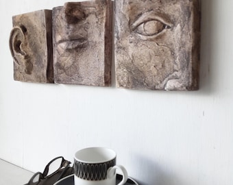 Ceramic Face Wall Art Triptych, Sandstone Sculpture, See Hear Speak No Evil
