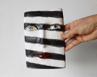 Black and white wall art, striped female face sculpture, decorative ceramic art, minimalist decor, Parisian style