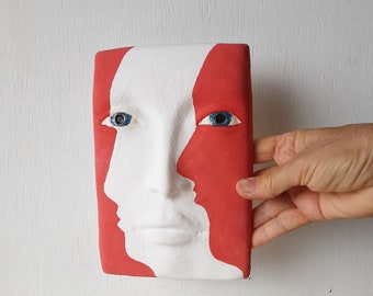 Red and white tile face sculpture, ceramic wall art, Picasso style art lover gift from Louise Fulton Studio