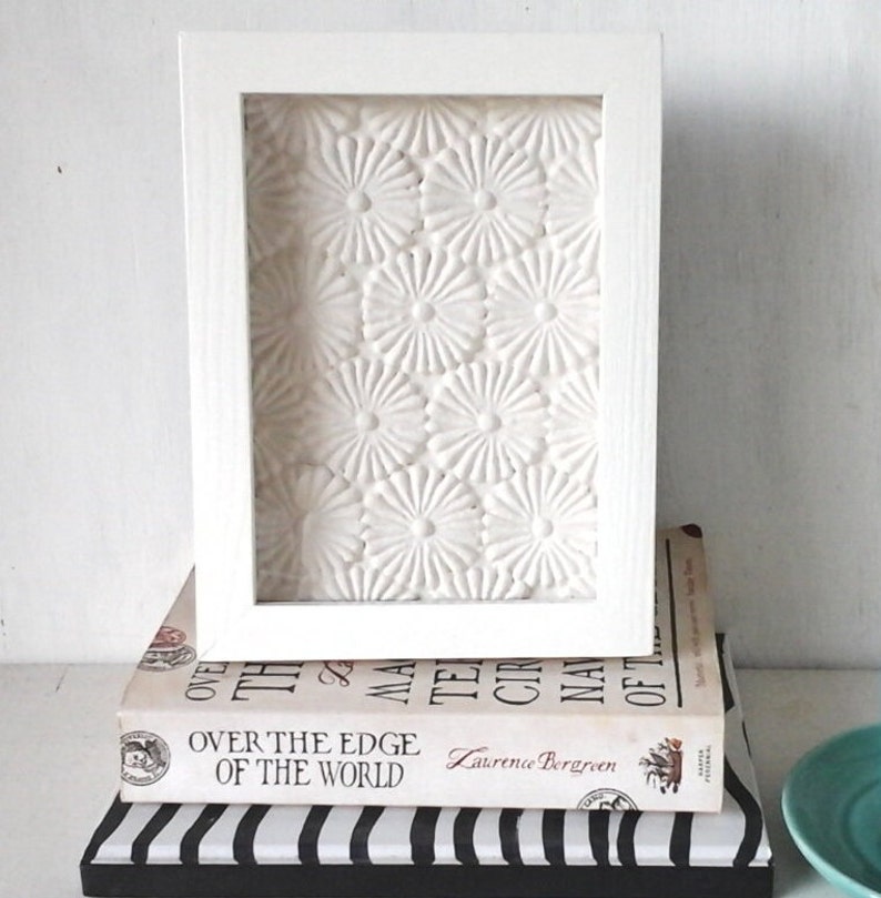 Ceramic wall art, white flower wall sculpture, embossed daisy texture, minimalist decor, housewarming gift image 1