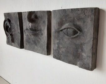 Black wall art triptych, handmade ceramic classic sculpture of face in three parts, hear no see no speak no evil