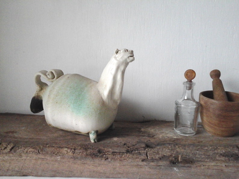 ancient style vessel Green pottery cat ceramic lioness sculpture gray-green feline decor catlover gift made in Australia