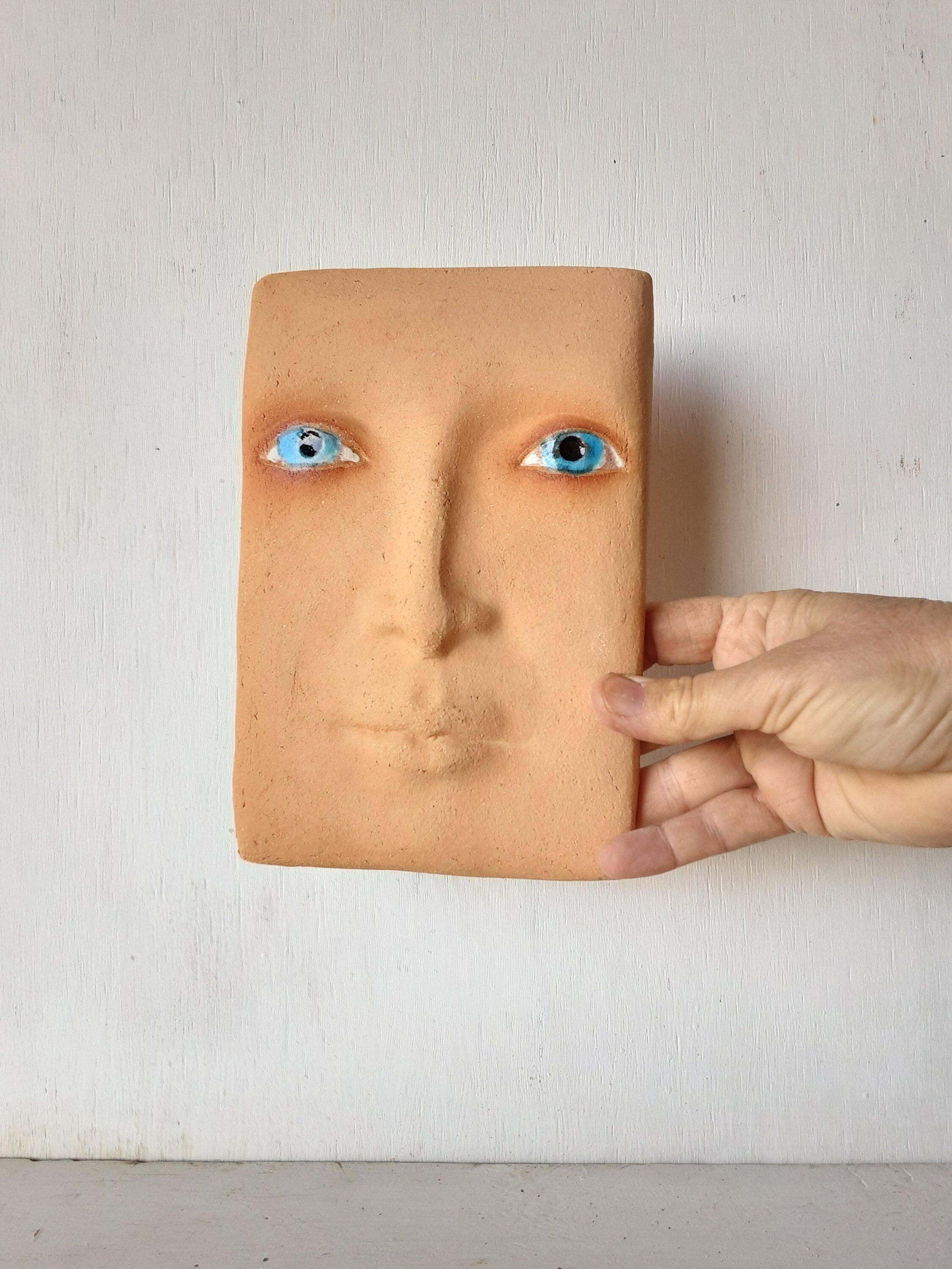 Art Mural Minimaliste, Tête de Sculpture, Masque Poterie, Décor Orange, Poterie en Terre Cuite, Plaq