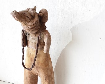 Ceramic Wood Mixed Media Chimera Sculpture, Rustic Wall Art Decor