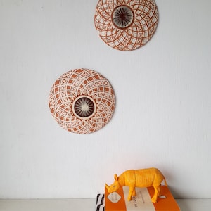 Pair of white and terracotta ceramic wall plaques with geometric swirling pattern, housewarming gift image 2