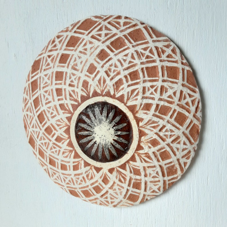 Pair of white and terracotta ceramic wall plaques with geometric swirling pattern, housewarming gift image 3