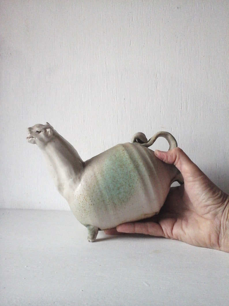 ancient style vessel Green pottery cat ceramic lioness sculpture gray-green feline decor catlover gift made in Australia