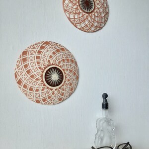 Pair of white and terracotta ceramic wall plaques with geometric swirling pattern, housewarming gift image 5