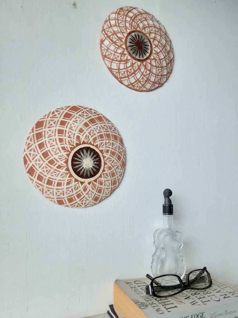 Pair of white and terracotta ceramic wall plaques with geometric swirling pattern, housewarming gift image 5