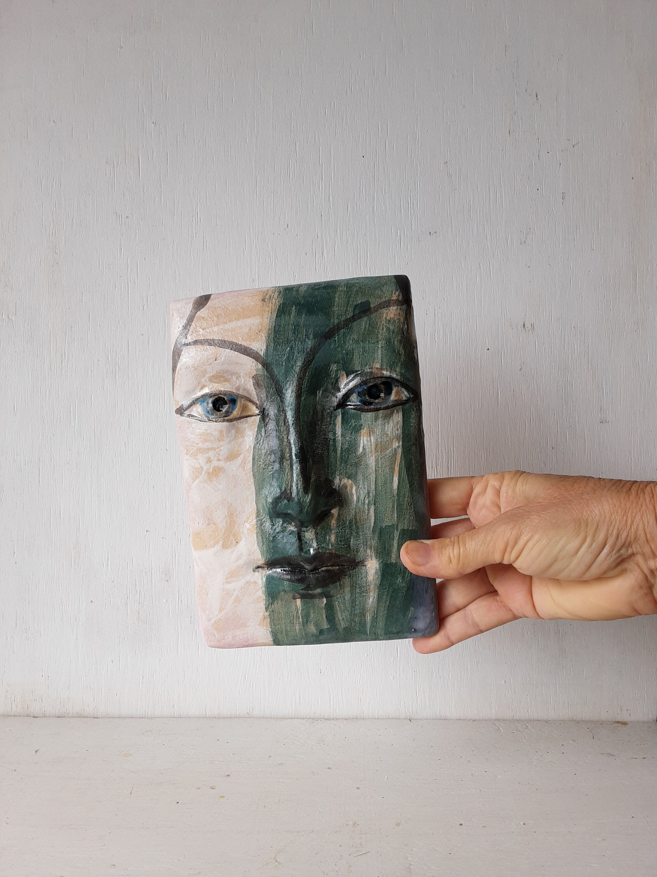 Ceramic wall face sculpture art green and white 3D wall Etsy