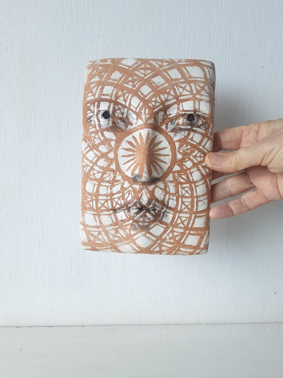 Pottery Wall Mask, Abstract Head Sculpture With Inlaid Geometric ...