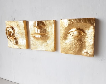 Gold wall art, ceramic faces set of three, classic sculpture with contemporary minimalist feel, housewarming gift