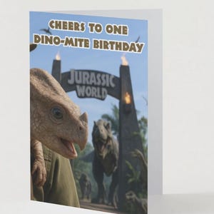 Cartão de Aniversário Jurassic Park, Cartão de Saudações Dino-Mite. Aventura Épica de Aniversário de Dinossauro Rugindo para uma Nova Era