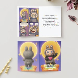 Cartão de aniversário inspirado no Kawaii Labubu. O Dia Mais Doce de Todos. Saudação do Monstro Arco-Íris.
