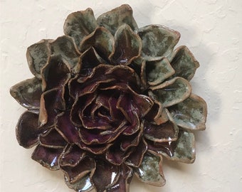 Ceramic Flower Wall Tile, Green & Purple Dahlia Wall Art, Organic Design, Ceramic Decor, Home Decor, Xmas Decor