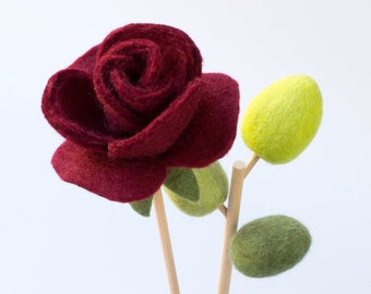 Felt Everlasting Red Rose - Handmade wool felt single rose flower stem.  Wool anniversary gift.