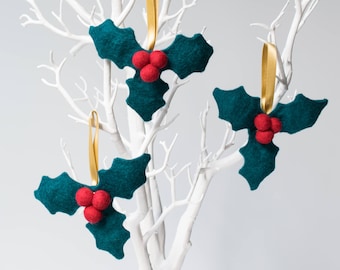 Felt Holly Christmas Ornament - handmade merino wool felt tree decorations