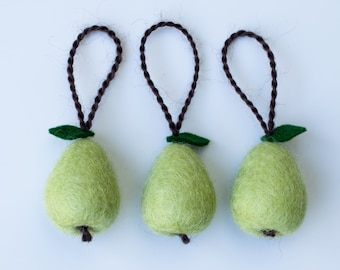 Mini felt pear hanging decoration, set of three miniature fruit decorations