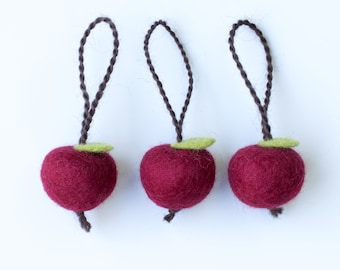 Mini felt apple hanging decoration, set of three miniature fruit decorations