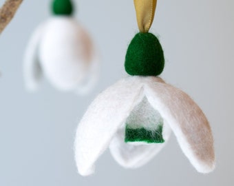 Felt Snowdrop Ornament -  handmade merino wool felt flower hanging decoration.