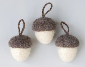 Natural Felt Acorns.  Three large acorn hanging ornaments.