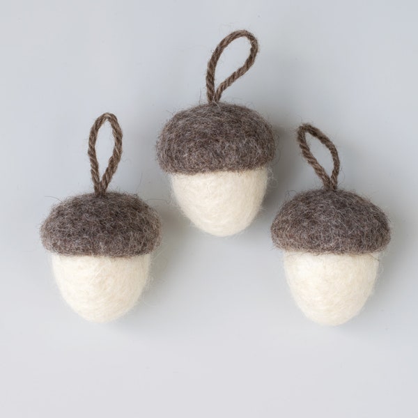 Natural Felt Acorns.  Three large acorn hanging ornaments.