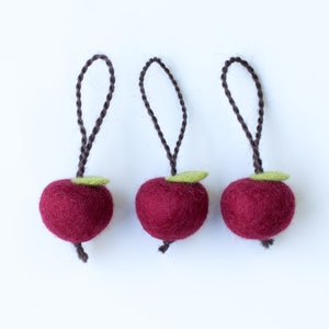 Mini felt apple hanging decoration, set of three miniature fruit decorations