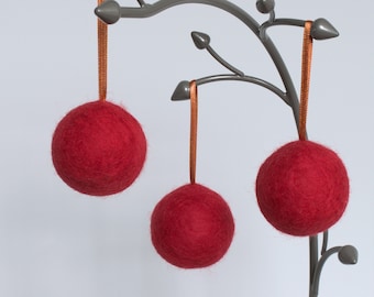 Red Merino Wool Felt Christmas Ball Set