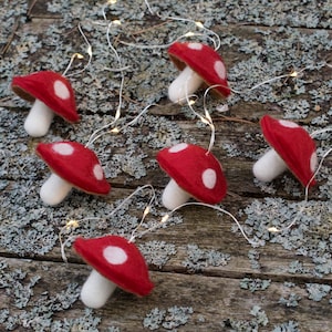 Felt mushroom fairy lights. Red and white magic mushroom garland. Warm white fairy lights. Autumn woodland decoration. image 3