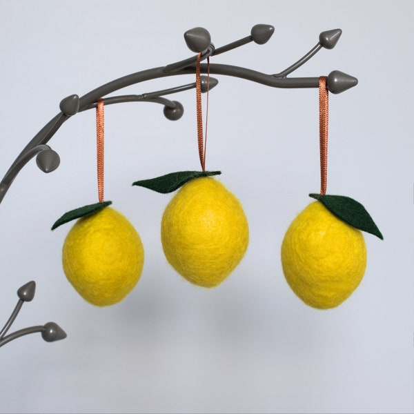 Felt lemon set.  Three lemon hanging decorations.  Lemon Christmas ornament.